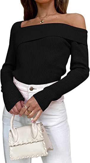 European And American Autumn Leisure Long-sleeved Slim Off-shoulder Knitted Sweater Pullover Top-Sweaters-Zishirts