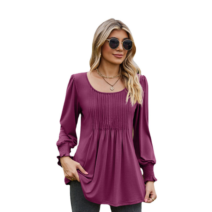 Solid Color Round Neck Drawstring Cuff Smocking Top-Blouses & Shirts-Zishirts