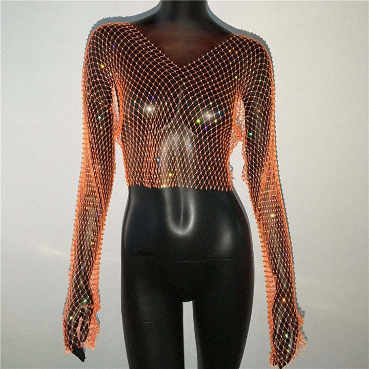 Fishnet Long Sleeve Top Mesh Rhinestone-Blouses & Shirts-Zishirts