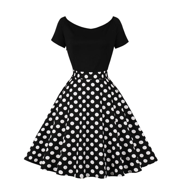 Short Sleeve Stitching Contrast Color Retro Polka Dot Swing Dress-Womens 2024 March-Zishirts