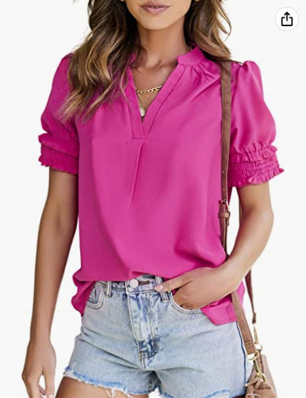 Women's V-neck Casual Short-sleeved Solid Color Chiffon Shirt-Womens 2024 March-Zishirts