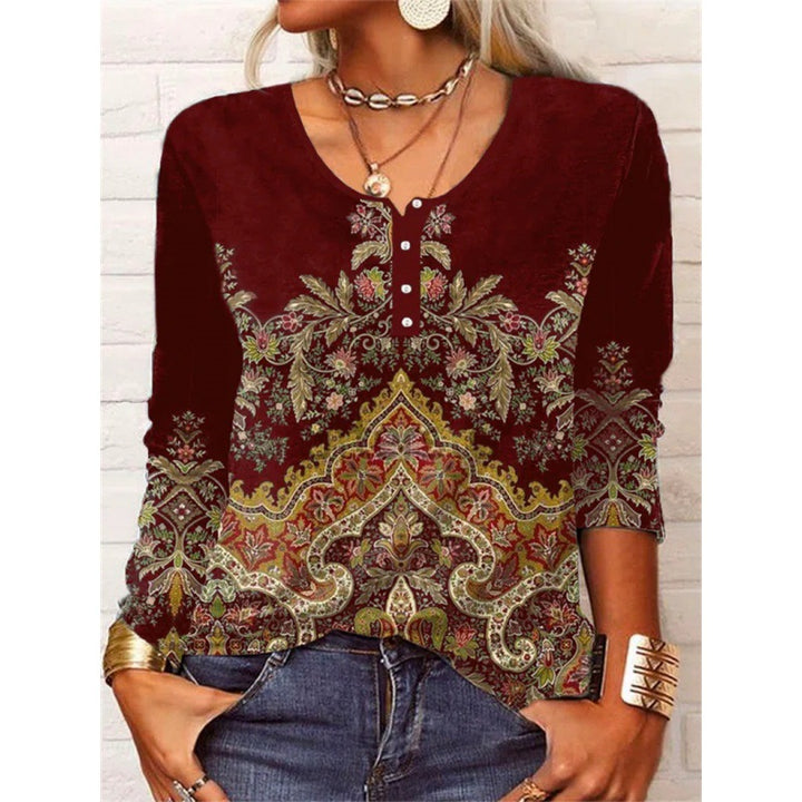 Women's Fashion Loose-fitting Long Sleeves Geometric Floral U-neck Button T-shirt-Womens 2024 March-Zishirts