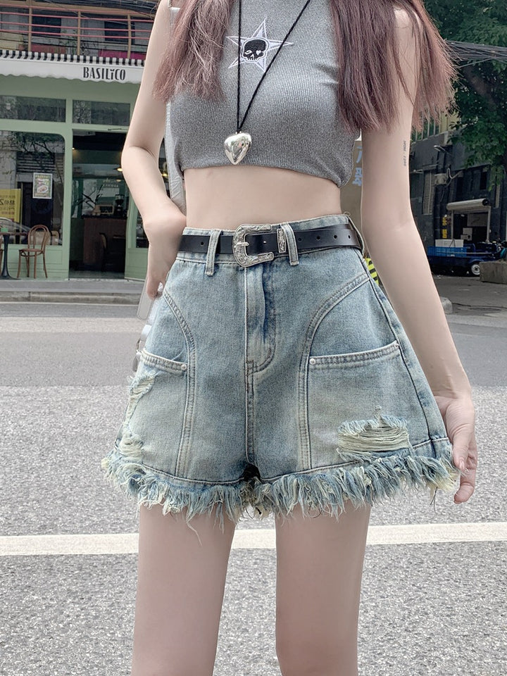 Ripped Denim Shorts Wide Leg Frayed Hem A- Line Retro High Waist-0-Zishirts