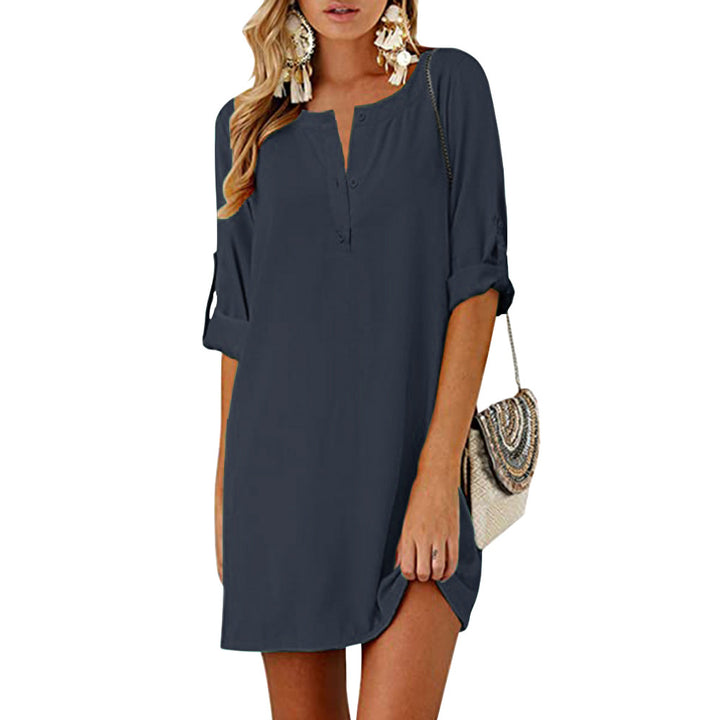 Cotton And Linen Loose 34 Sleeve Mid-length Dress-Women's Outerwear 2023-Zishirts