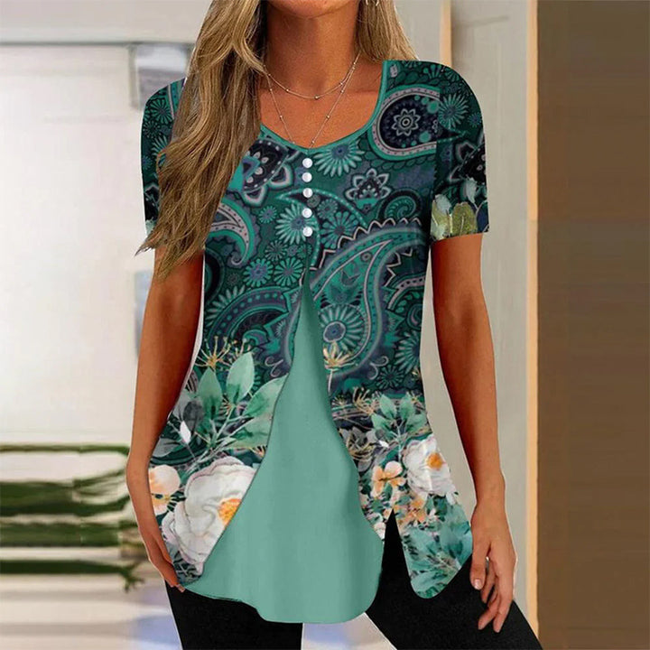 Summer New Women's Round Neck Printed Fake Two Pieces Short Sleeve Shawl Pullover T-shirt Tops-Womens 2024 March-Zishirts