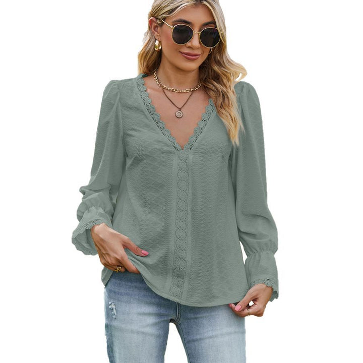 T-shirt Jacquard V-neck Lace Stitching Long Sleeve-Blouses & Shirts-Zishirts