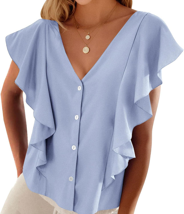 Women's Top Pleated Cover Ruffle Sleeve V-neck-Womens 2024 March-Zishirts