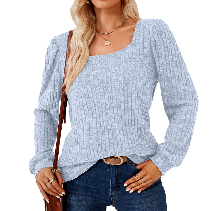 Square Collar Solid Color Rib Fabric Loose Long-sleeved T-shirt Top For Women-Blouses & Shirts-Zishirts