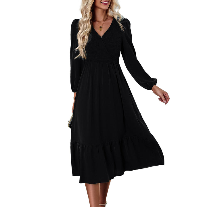 Women's V-neck Smocking Solid Color Dress-Lady Dresses-Zishirts