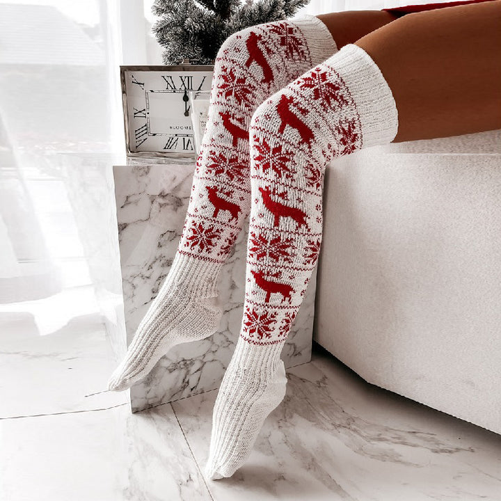 Winter Christmas Warm Knitted Women Stocking Beautiful Elk Snowflake Jacquard Over-the-knee Casual Long Socks For Ladies Gifts Free Size-Womens 2024 March-Zishirts