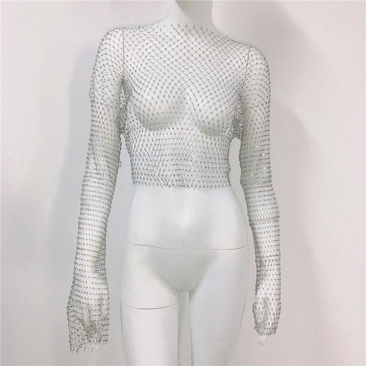 Fishnet Long Sleeve Top Mesh Rhinestone-Blouses & Shirts-Zishirts