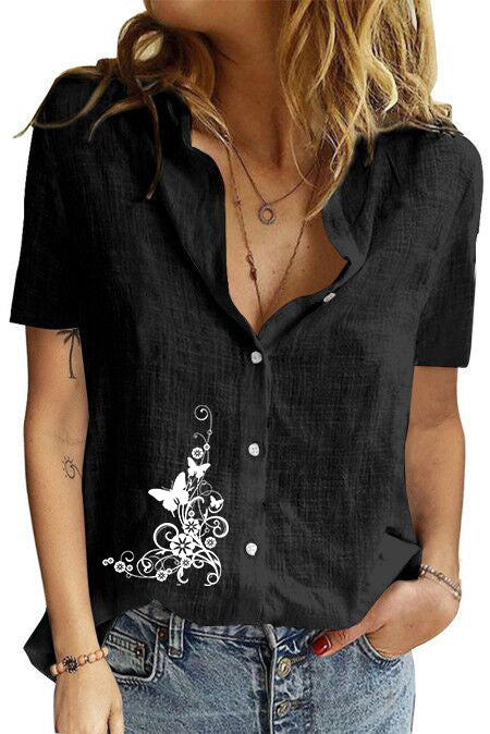 Women's Printed Linen Shirt Short Sleeve-Women's Outerwear 2023-Zishirts