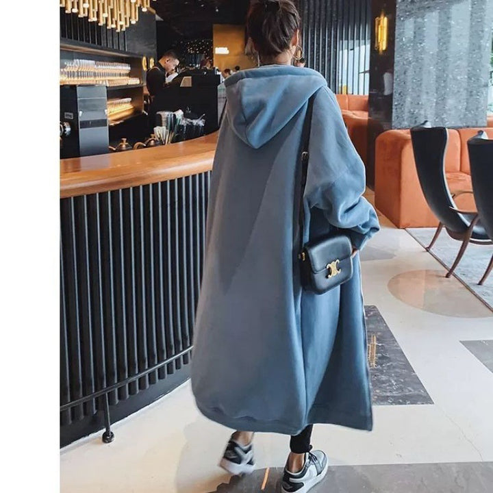 Loose-fitting Plus Size Pullover Hooded Fleece-lined Thickened Long Section Zipper Hong Kong Style Cardigan Dress-Women's Outerwear 2023-Zishirts