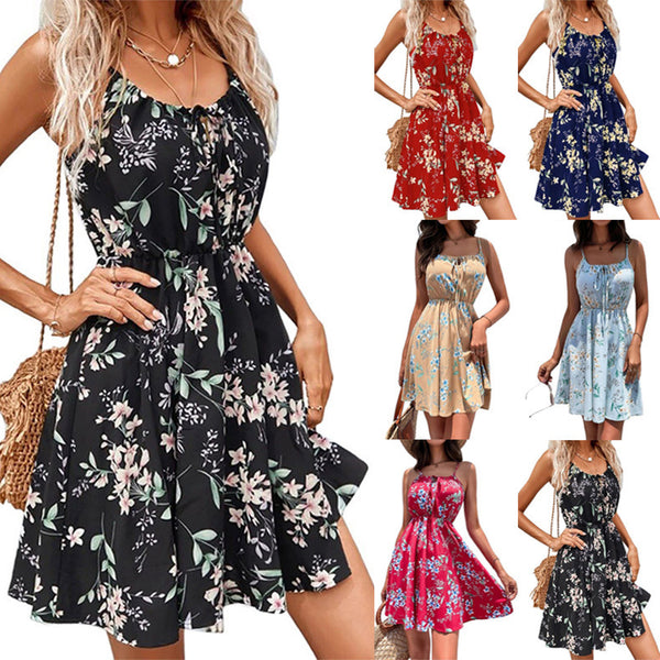 Elegant Sleeveless Dress Pullover Print Elastic Waist-Lady Dresses-Zishirts