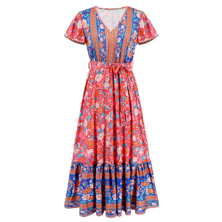 Women's Graceful And Fashionable V-neck Ruffle Floral Print Dress-Lady Dresses-Zishirts