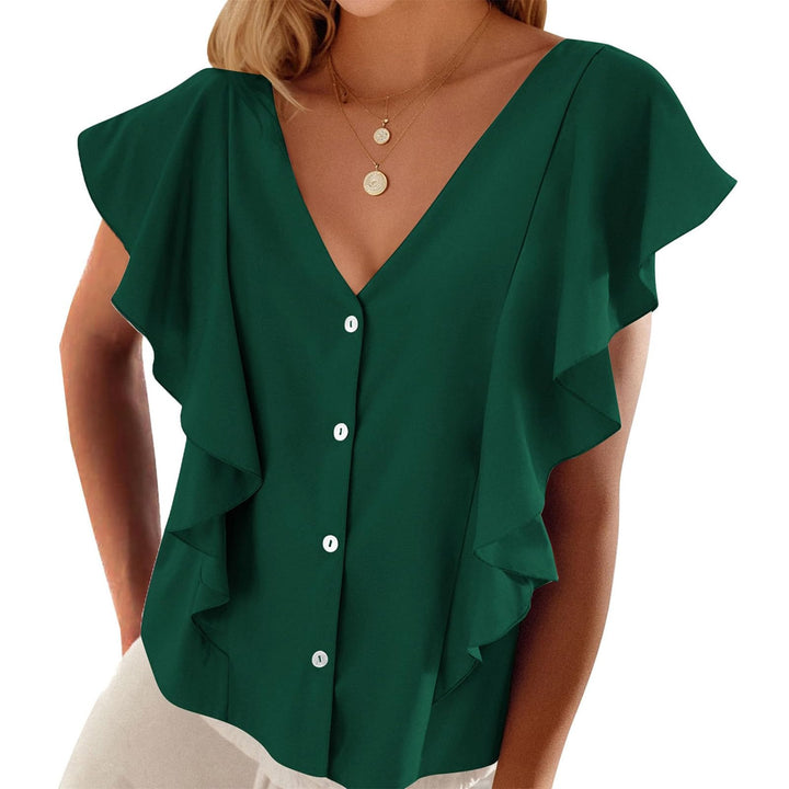 Women's Top Pleated Cover Ruffle Sleeve V-neck-Womens 2024 March-Zishirts