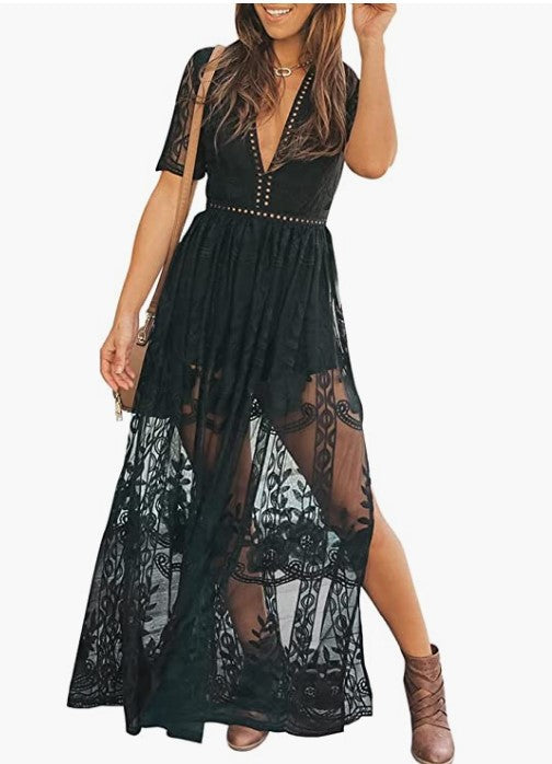 Embroidery Lace Deep V Split Holiday Lace Stitching Dress-Womens 2024 March-Zishirts