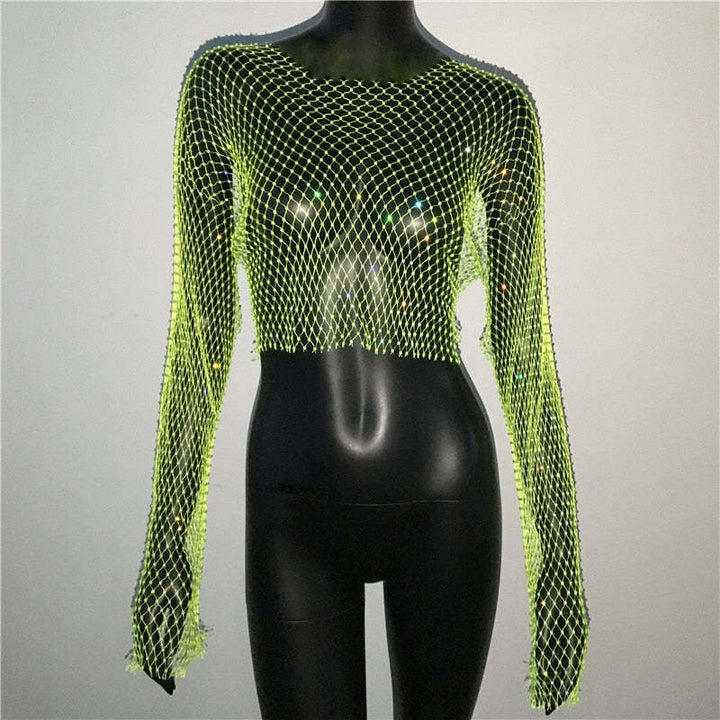 Fishnet Long Sleeve Top Mesh Rhinestone-Blouses & Shirts-Zishirts