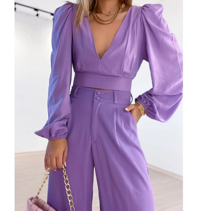 Women's Graceful And Fashionable Casual V-neck Long Sleeve Shirt High Waist Wide Leg Pants Suit-Suits & Sets-Zishirts