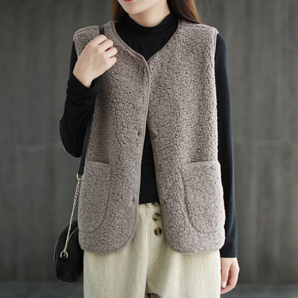 Women's Outer Wear Short Loose Lamb Wool Vest-Women's Outerwear 2023-Zishirts