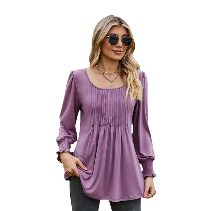 Solid Color Round Neck Drawstring Cuff Smocking Top-Blouses & Shirts-Zishirts