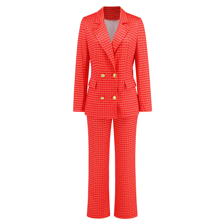 Women's Fashion Houndstooth Double Breasted Blazer Slim-fit Straight Trousers Suit-Suits & Sets-Zishirts