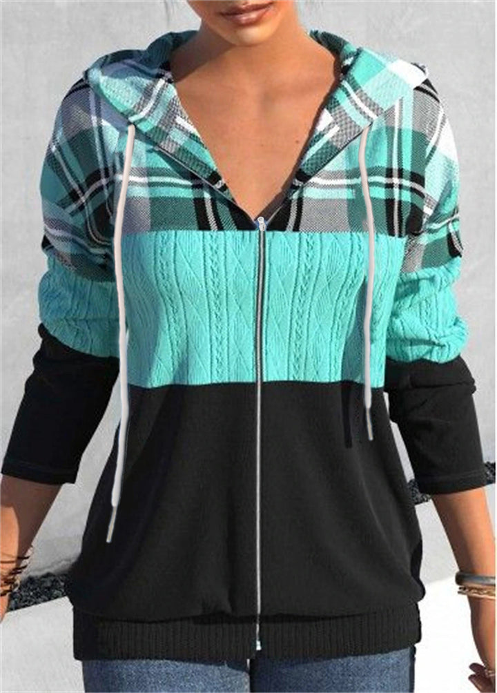 Women's Zipper Cardigan Hooded Plaid Printed Sweater-Womens 2024 March-Zishirts