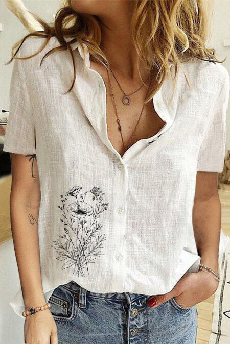 Women's Printed Linen Shirt Short Sleeve-Women's Outerwear 2023-Zishirts