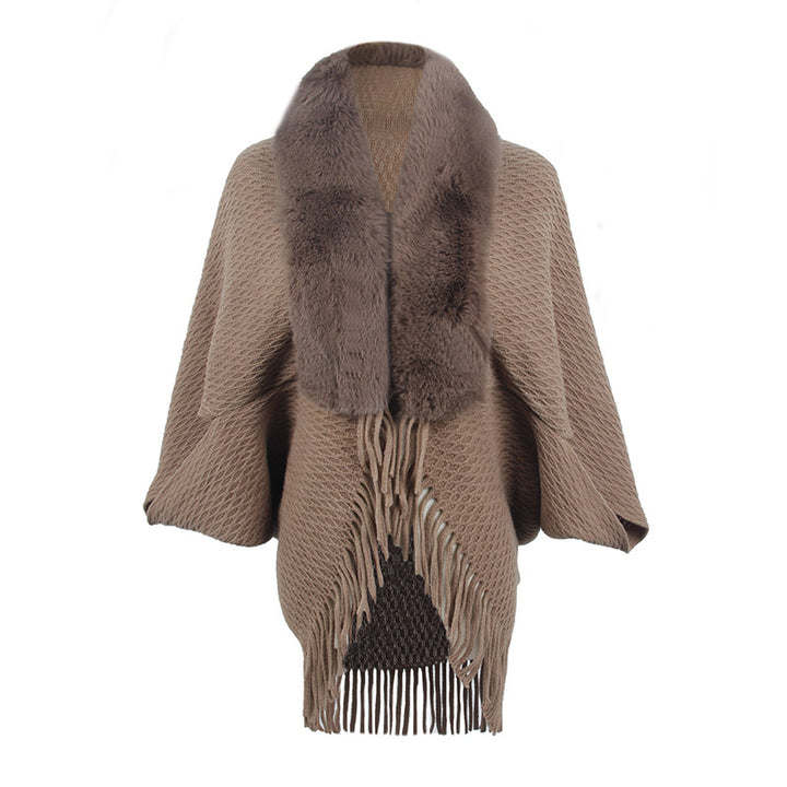 Drizzling Fur Collar Knitted Tassel Cape Coat Women-Scarves & Wraps-Zishirts