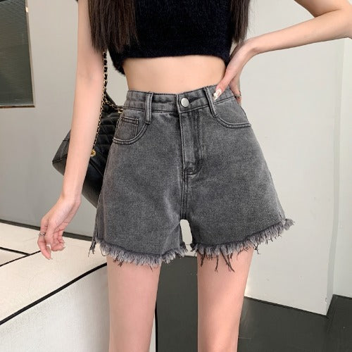 Wide Leg Denim Shorts Frayed Summer New High Waist Slimming-0-Zishirts