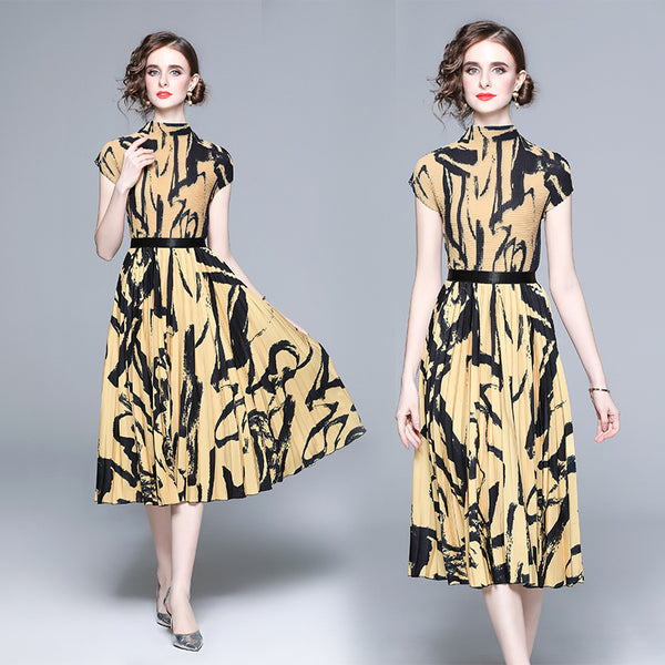 Printed Stand-up Collar Slim Fit Pleated Fashion Suit Two-piece Set-Womens 2024 March-Zishirts