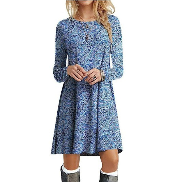 Casual Floral Print Round Neck Long Sleeve Holiday Dress-Lady Dresses-Zishirts