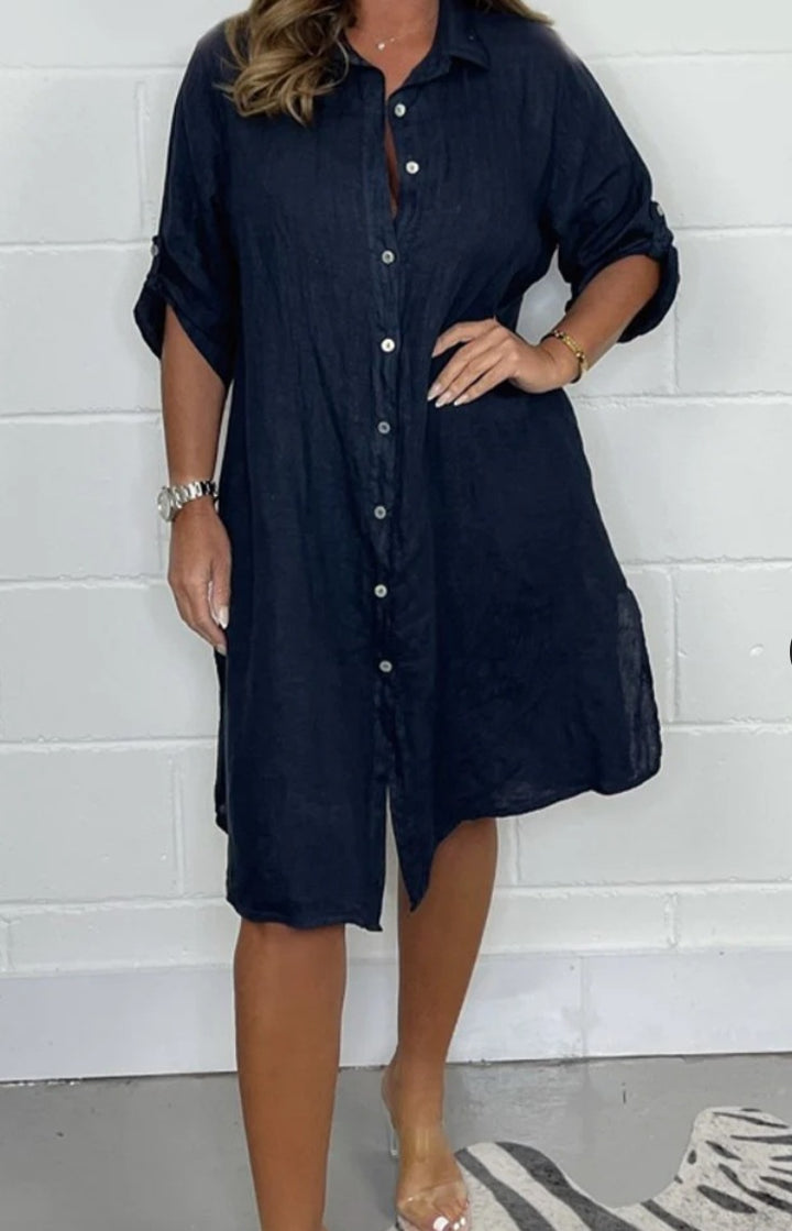 Loose Casual Half Sleeve Solid Color Cotton Linen Shirt Dress-Womens 2024 March-Zishirts