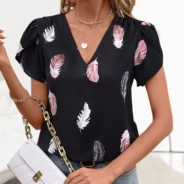 Women's Casual V-neck Feather Printed Shirt-Womens 2024 March-Zishirts