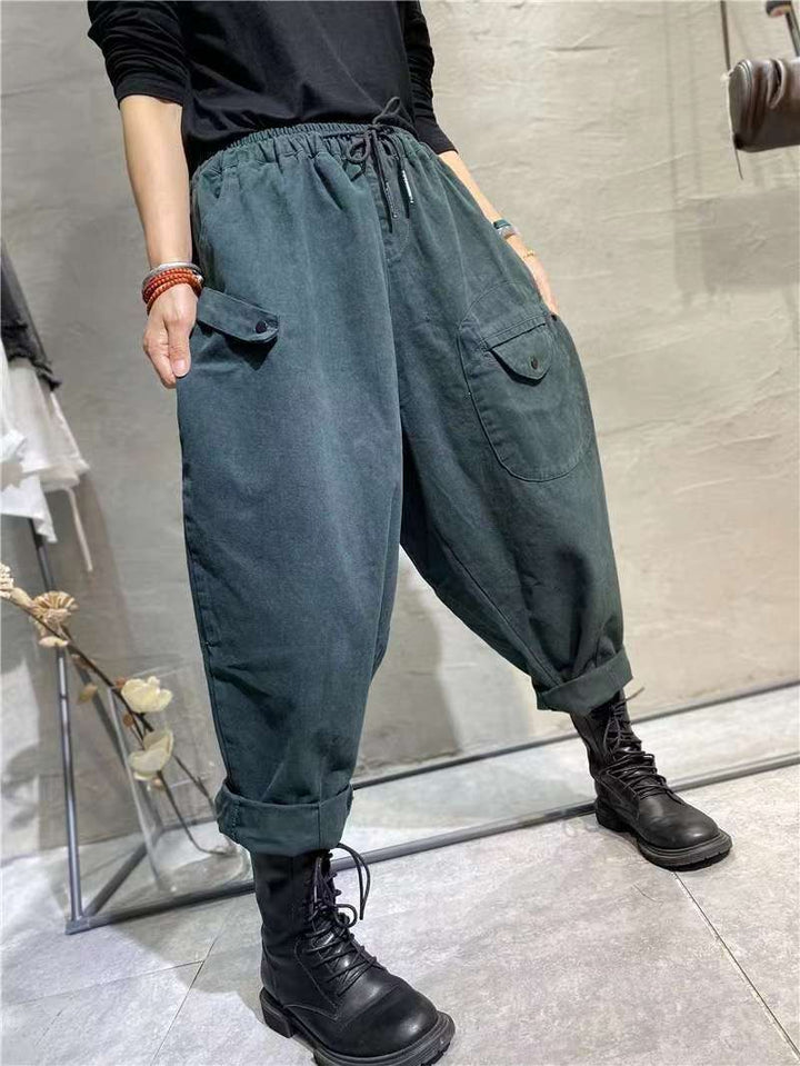 Korean Style Elastic Waistband Patch Pocket Overalls For Women-0-Zishirts