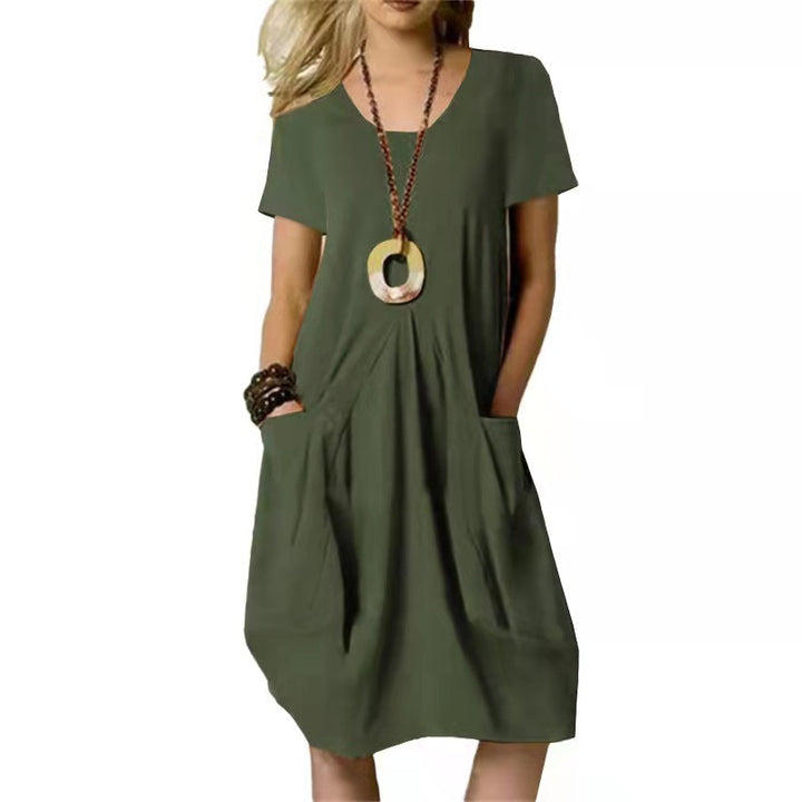 Cotton And Linen Solid Color Loose Round Neck Short Sleeve Dress-0-Zishirts