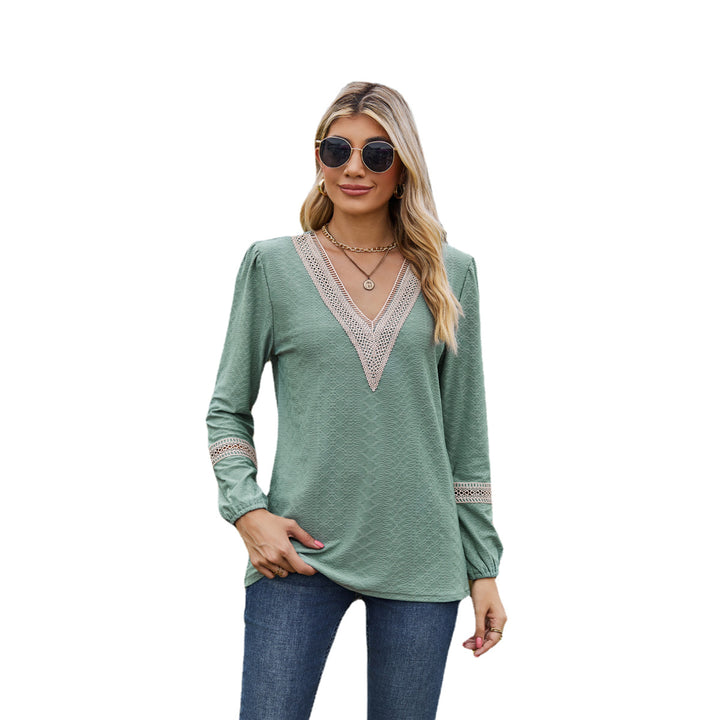 Lace V-neck Patchwork Long Sleeve Loose-fitting T-shirt Top-Blouses & Shirts-Zishirts