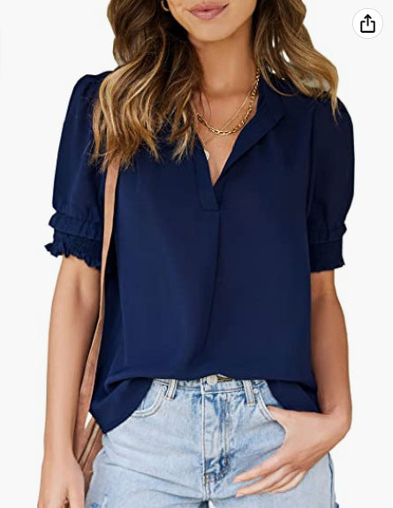 Women's V-neck Casual Short-sleeved Solid Color Chiffon Shirt-Womens 2024 March-Zishirts