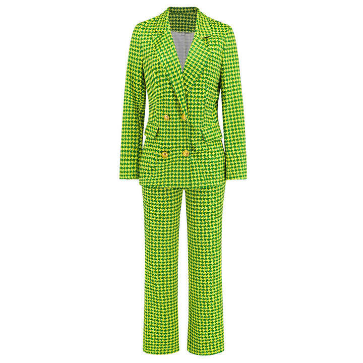 Women's Fashion Houndstooth Double Breasted Blazer Slim-fit Straight Trousers Suit-Suits & Sets-Zishirts