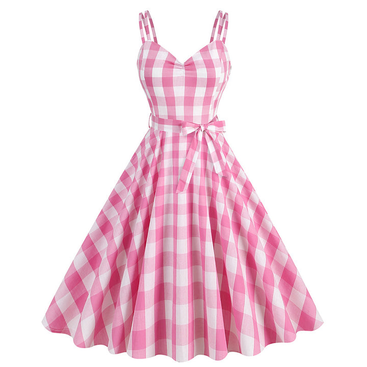 Hepburn Style British Lattice Vintage Belt Barbie Pink Women's Dress-Lady Dresses-Zishirts