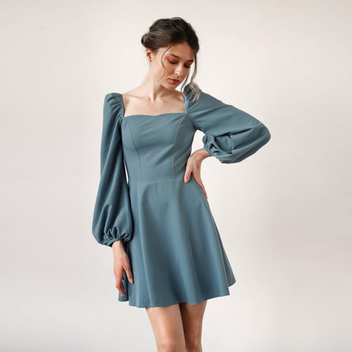 Women's A- Line Dress Square Collar Puff Sleeve High Waist-Lady Dresses-Zishirts