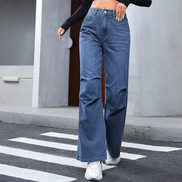 Women's Straight Loose High Waist Denim Trousers-0-Zishirts