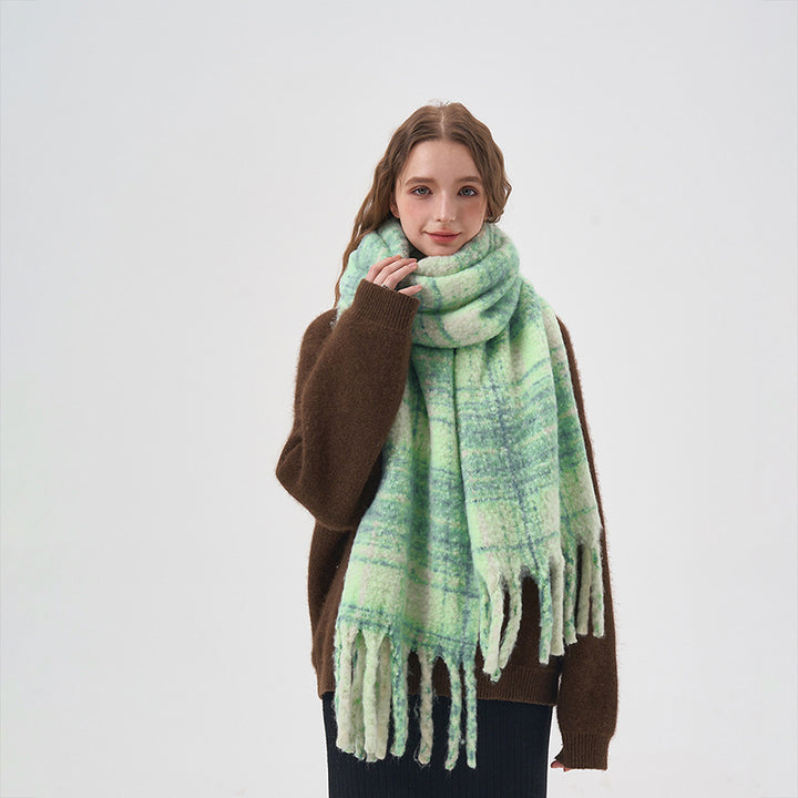 Women's White And Green Plaid Scarf-Scarves & Wraps-Zishirts