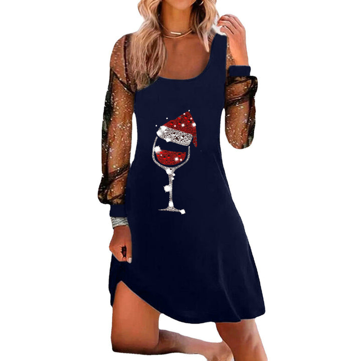 Christmas Wine Glass Printed Pullover Long Sleeve Dress-Womens 2024 March-Zishirts