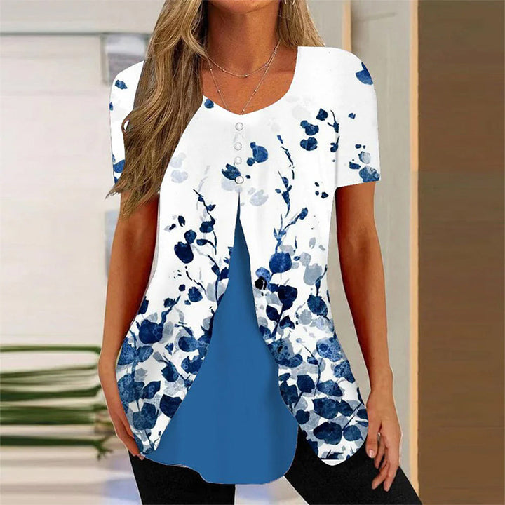 Summer New Women's Round Neck Printed Fake Two Pieces Short Sleeve Shawl Pullover T-shirt Tops-Womens 2024 March-Zishirts