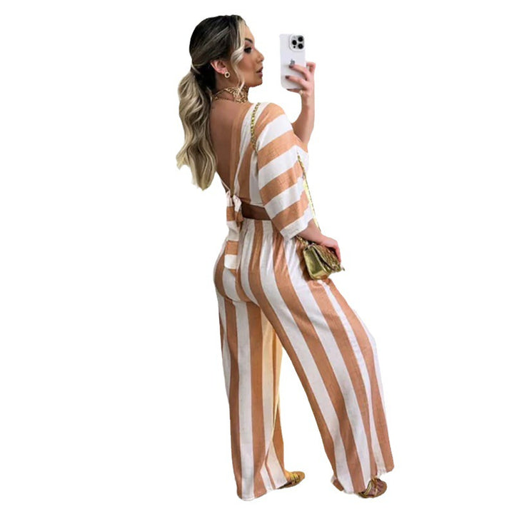 Women's Fashion Casual V-neck Striped Lace-up Top Wide Leg Pants Suit-Suits & Sets-Zishirts