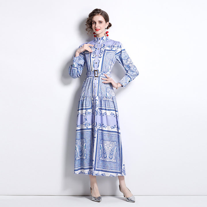 Vintage Totem Printing Temperament Long Sleeve Large Swing Dress-0-Zishirts