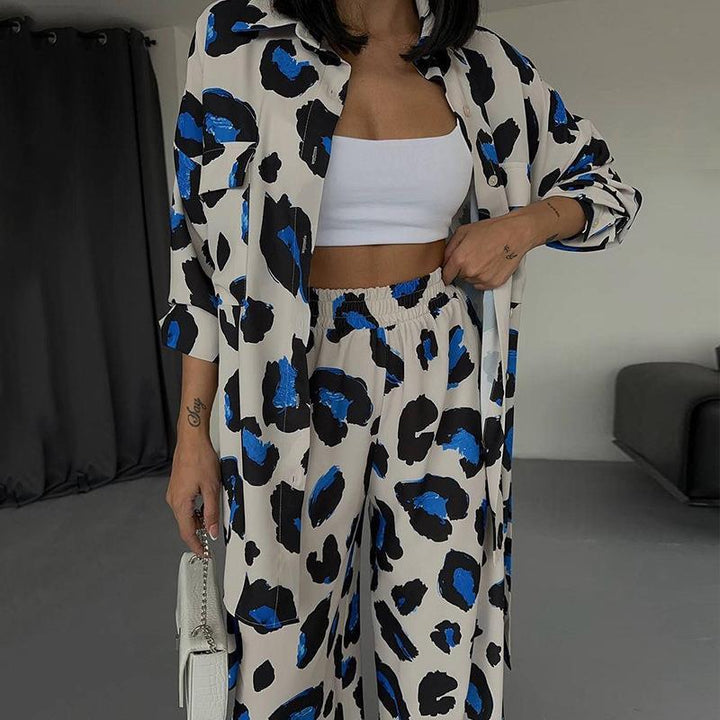 Printed Design Long-sleeved Shirt Wide-leg Pants Two-piece Set-Suits & Sets-Zishirts