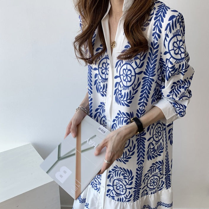 Women's Blue And White Porcelain Printed Shirt Long Dress-Womens 2024 March-Zishirts