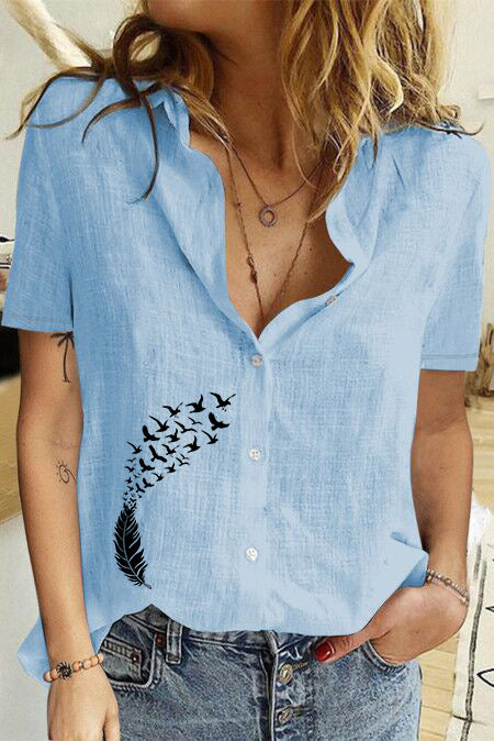 Women's Printed Linen Shirt Short Sleeve-Women's Outerwear 2023-Zishirts